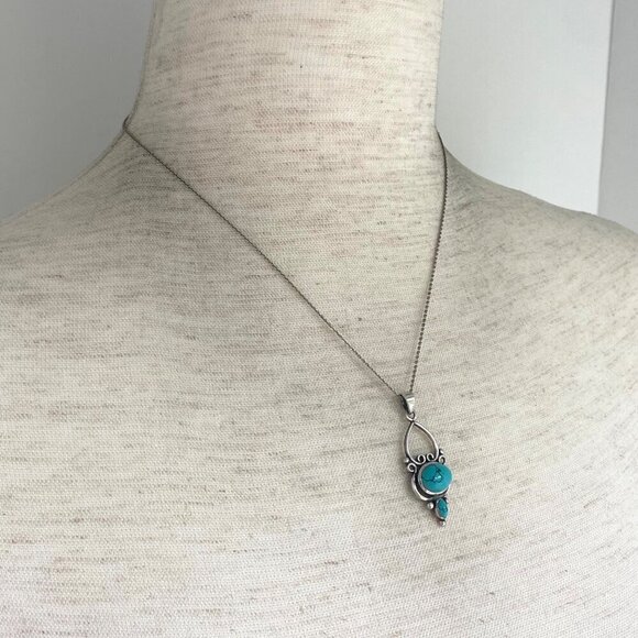 Sterling Silver 925 Scrollwork Turquoise Cabochon Pendant Necklace 16"-18" Chain - Picture 12 of 16